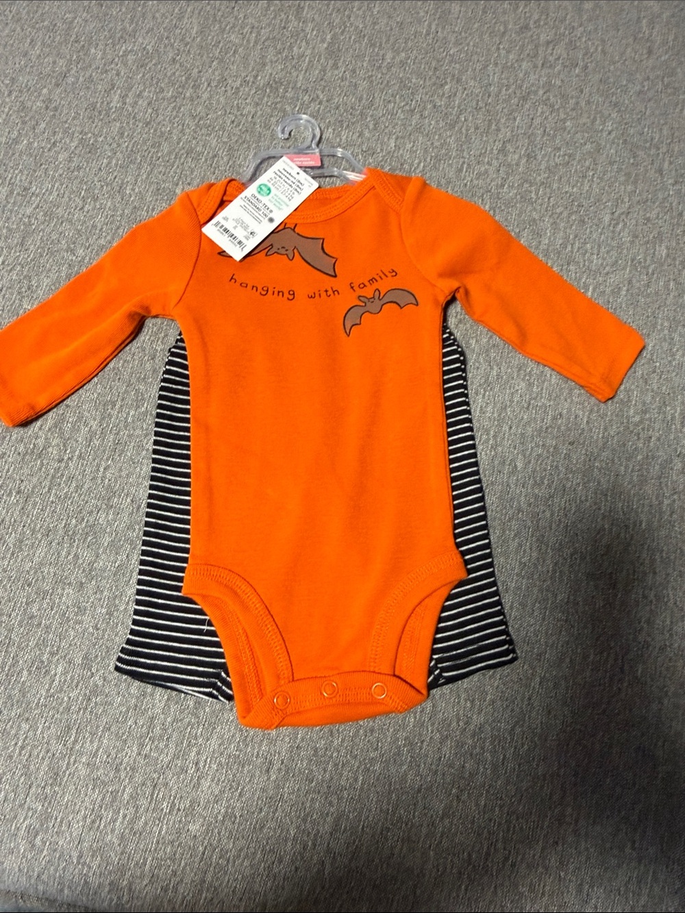Unbranded Orange Long-Sleeve Baby One-Piece – 'Hanging With Family' Bat Print